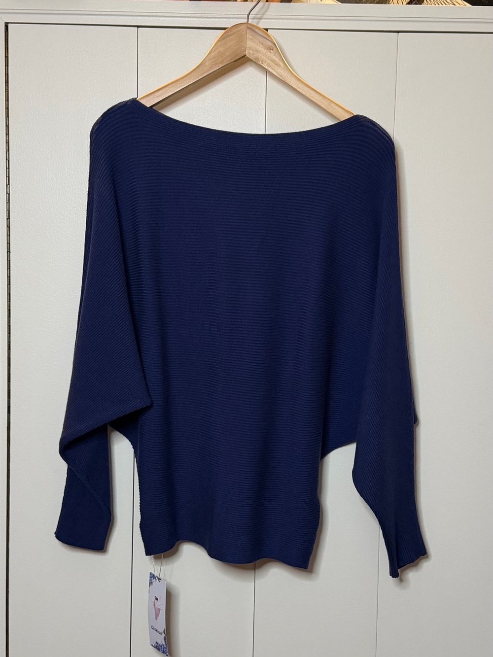 Off-the-Shoulder Ribbed Sweater in Navy
